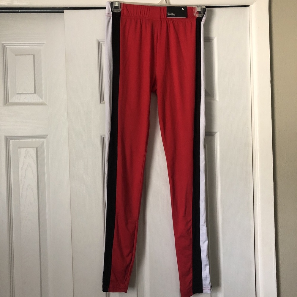 Red black and white striped leggings.
